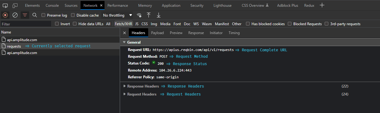 Request and Headers in Network tab
